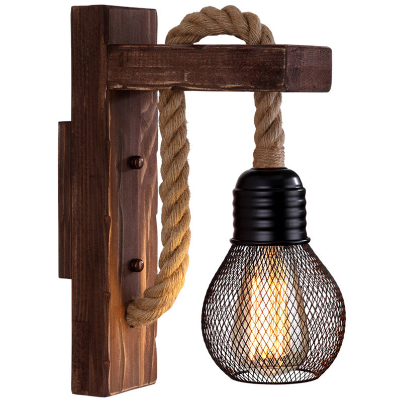 BowLift | Brown L-shaped wall-mounted lighting Rustic wood 1 light dining room wall light with hemp rope cable