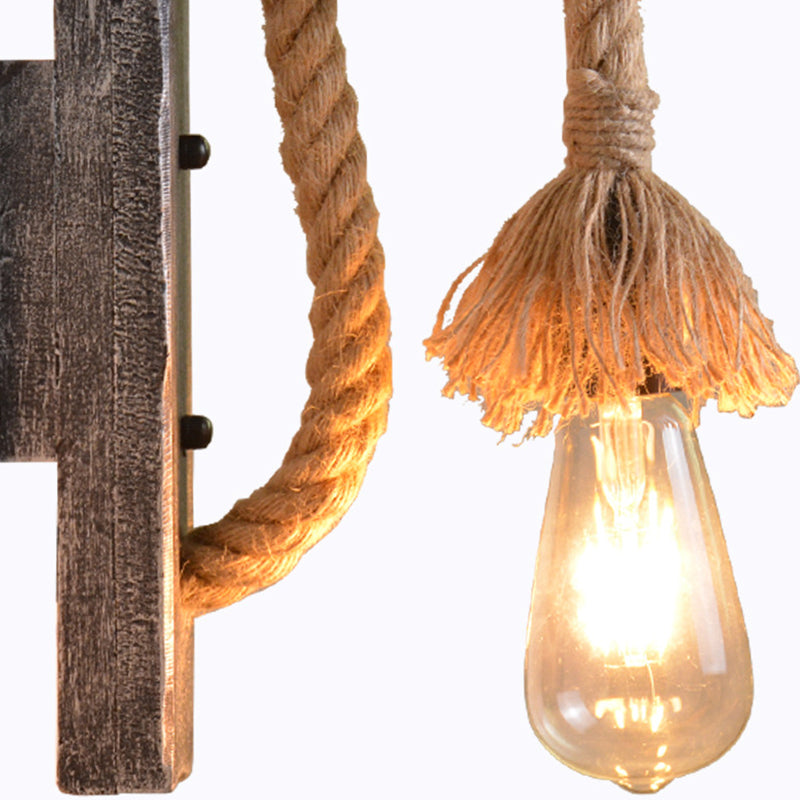 BowLift | Rope Gray Wall Hanging Lamp Bare Bulb 1 Light Industrial Style Wall Lighting Ideas with Wood L-Arm