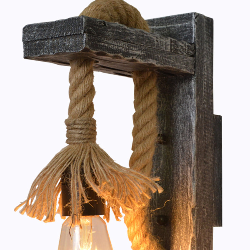 BowLift | Rope Gray Wall Hanging Lamp Bare Bulb 1 Light Industrial Style Wall Lighting Ideas with Wood L-Arm