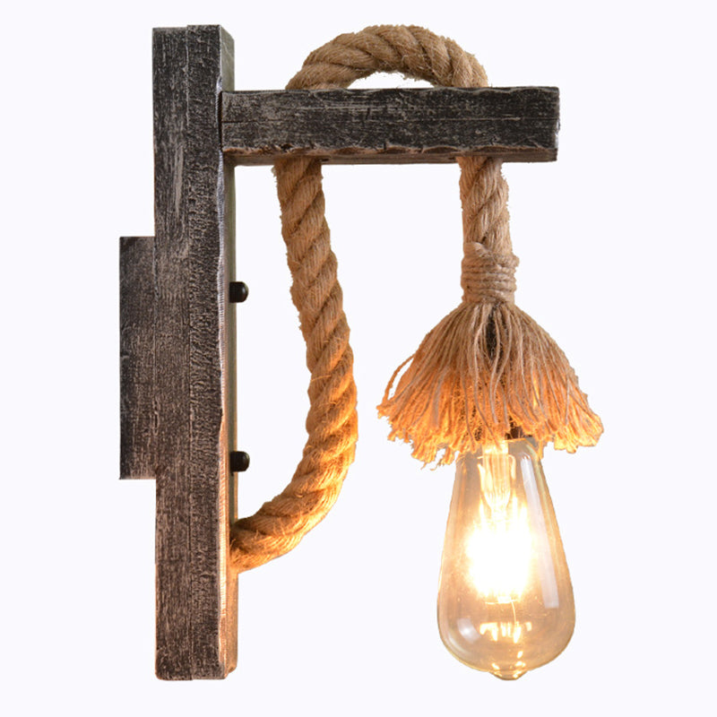 BowLift | Rope Gray Wall Hanging Lamp Bare Bulb 1 Light Industrial Style Wall Lighting Ideas with Wood L-Arm
