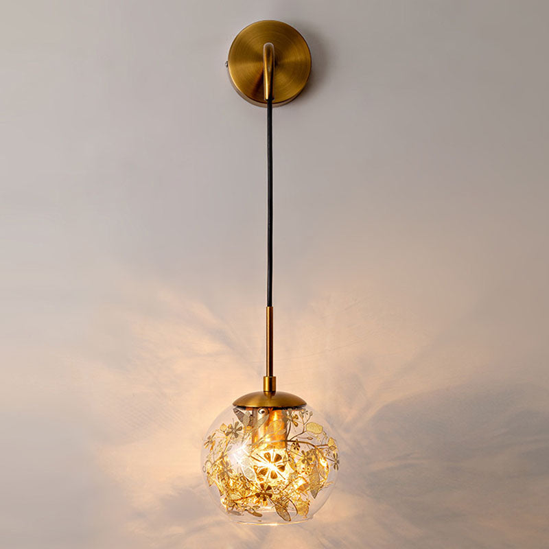 BowLift | Clear Glass Bubble Wall Lamp Contemporary 1-Light Wall Mounted Lamp with Foil Flower Decor
