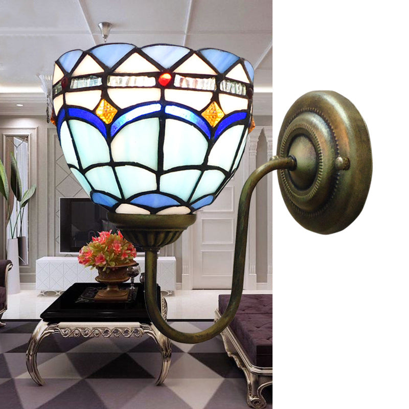 BowLift | Blue Dome Wall Light Baroque 1 Head Stained Glass Wall Light Ideas with Curved Arm