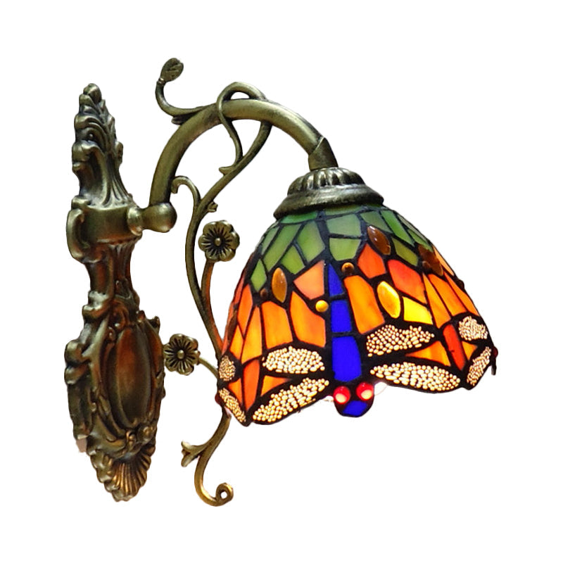 BowLift | Hand-cut Glass Dragonfly Wall Lamp Tiffany Style 1 Light Wall Mounted Light Fixture with Carved Backplate