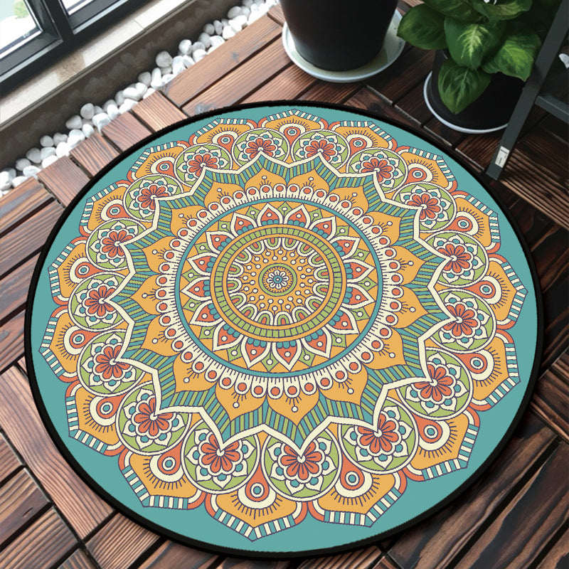 BowLift | Unique multicolored mandala rug Synthetic Moroccan rug stain resistant non-slip backing machine washable rug for the front door