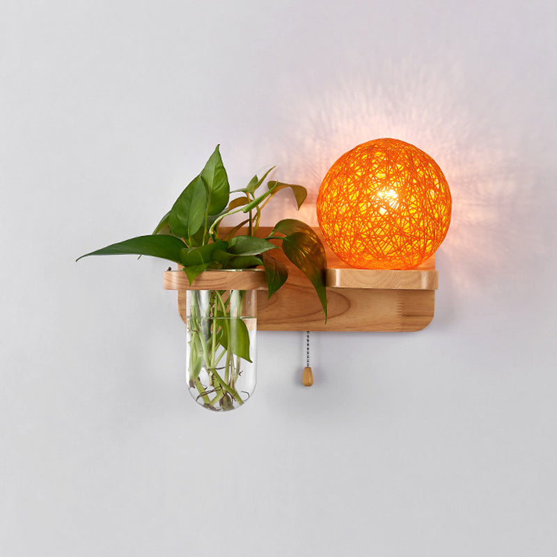BowLift | Ball-shaped Nightstand Lamp Rattan 1-Light Modern Wall Lamp with Pull Switch in Wood