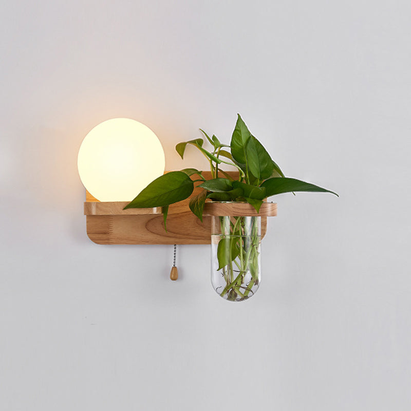 BowLift | Geometric Pull Chain Wall Light Simplicity White Glass Single Hall Wall Mounted Lamp in Wood