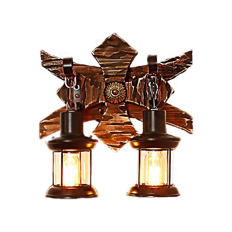 BowLift | Black Candle/Lantern Wall Lighting Vintage Style Clear Glass/Marble 2-Light Indoor Wall Sconce with Wooden Back Plate