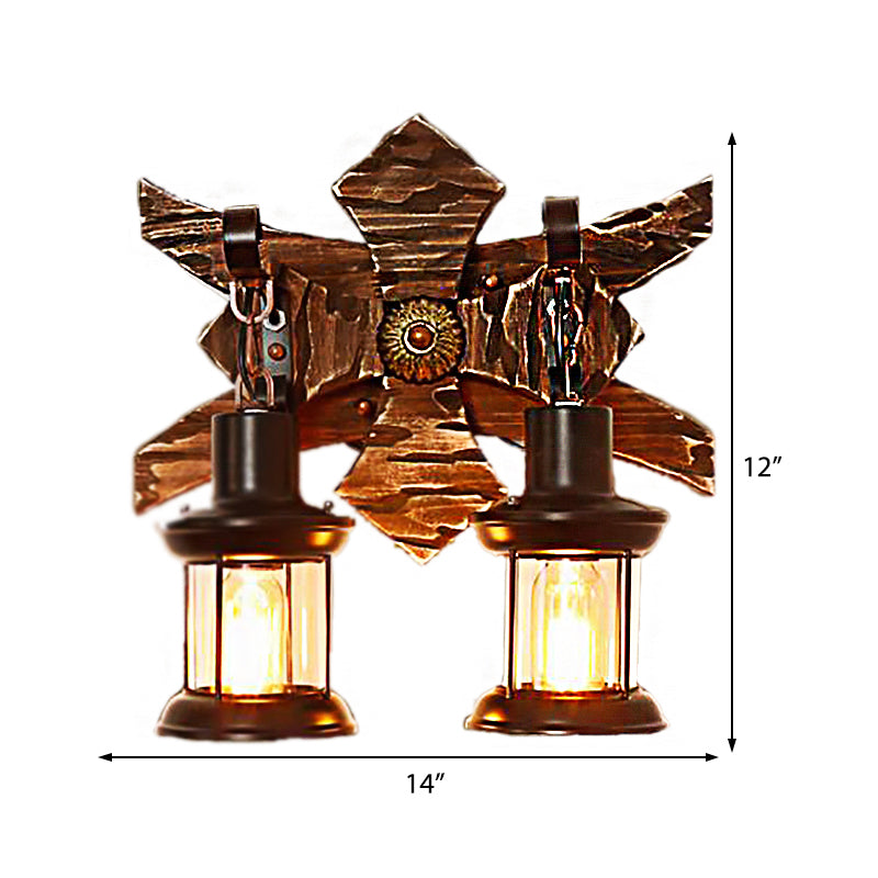 BowLift | Black Candle/Lantern Wall Lighting Vintage Style Clear Glass/Marble 2-Light Indoor Wall Sconce with Wooden Back Plate