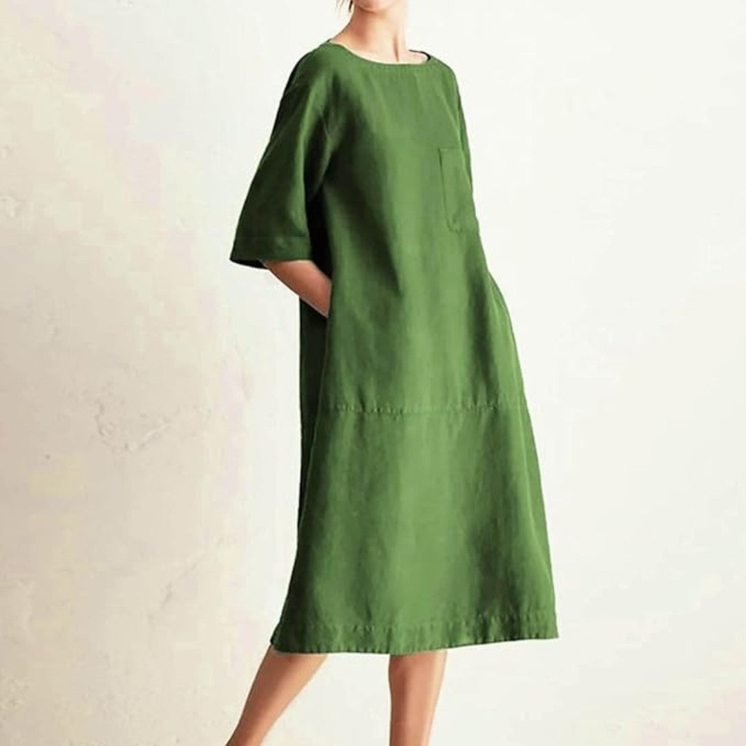 Knee-Length Linen Dress with Chest Pocket