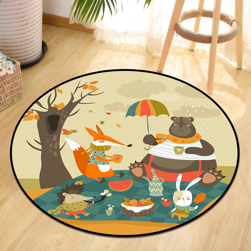 BowLift | Cute Animal Picnic Drawing Carpet Multi-Color Children's Art Carpet Synthetic Non-Slip Machine Washable Stain Resistant Carpet for Children's Room