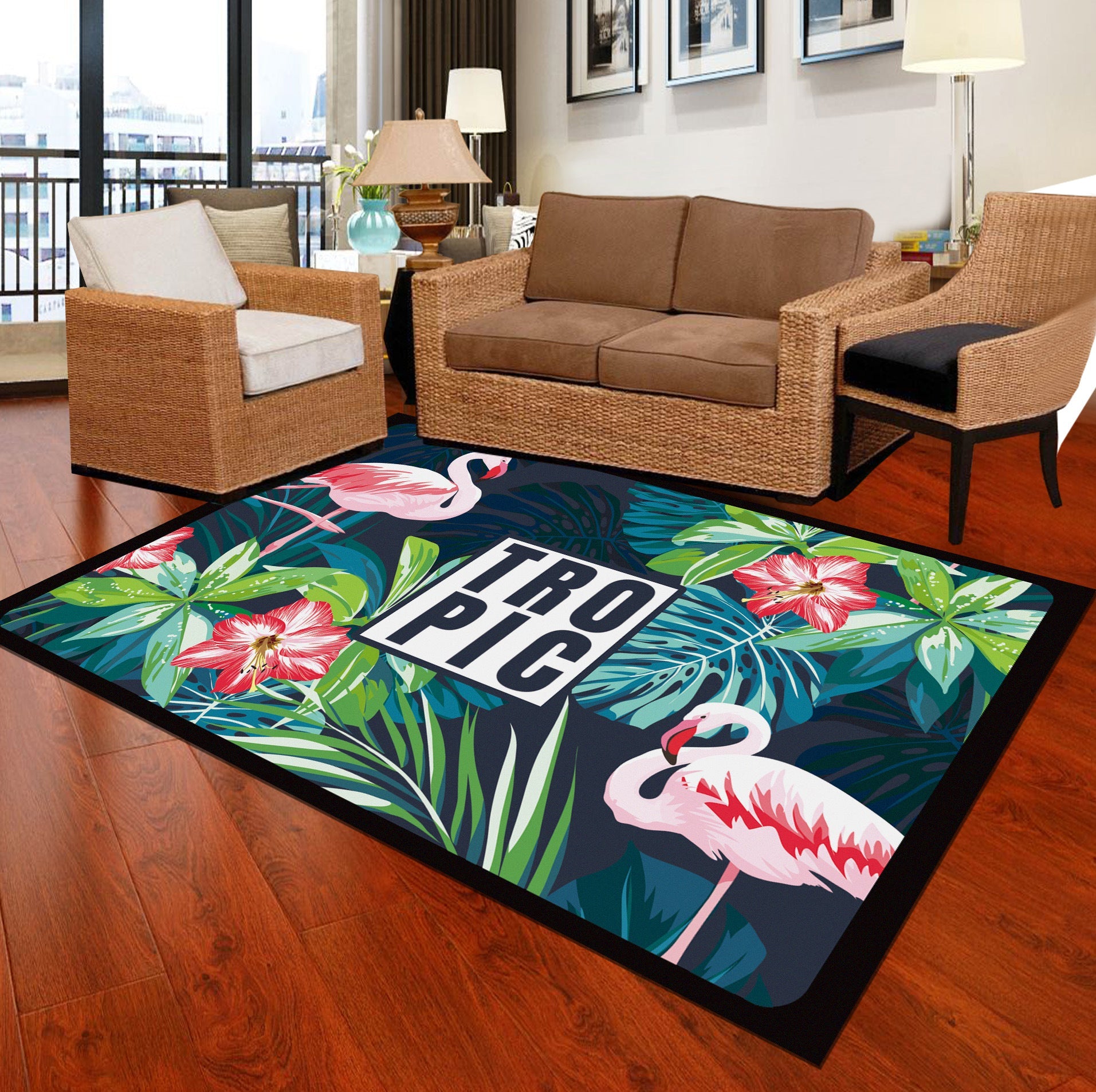 BowLift | Classic Tropix Indoor Rug Colorful Flamingo Rug Non-slip Back Stain-resistant Machine washable Rug for the Living Room