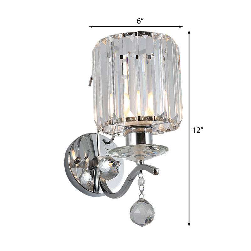 BowLift | Chrome Cylinder Wall Lamp Modernist 1 Bulb Clear Crystal Wall Lighting with Orbit Drops