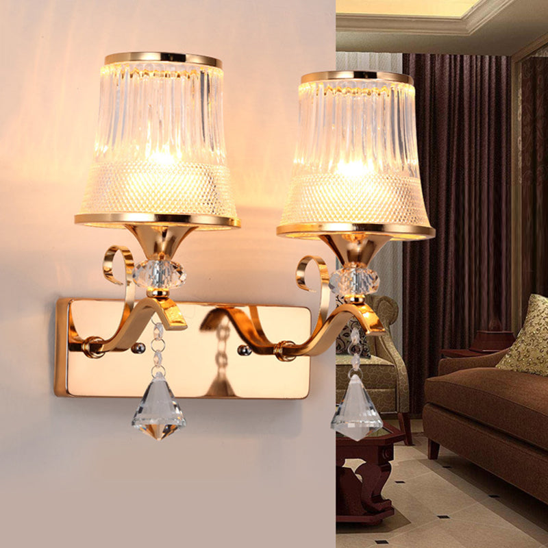 BowLift | Vintage Style Bell Wall Light Clear Glass 2 Lights Bedroom Gold Finish Wall Lamp with Crystal Accent