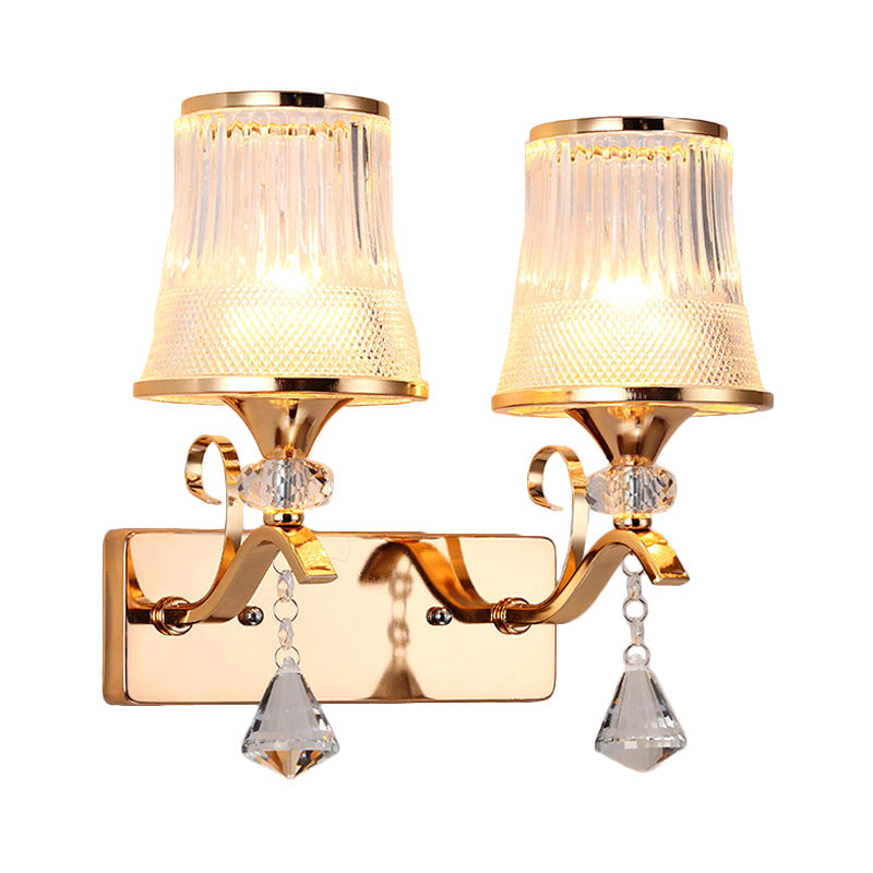 BowLift | Vintage Style Bell Wall Light Clear Glass 2 Lights Bedroom Gold Finish Wall Lamp with Crystal Accent