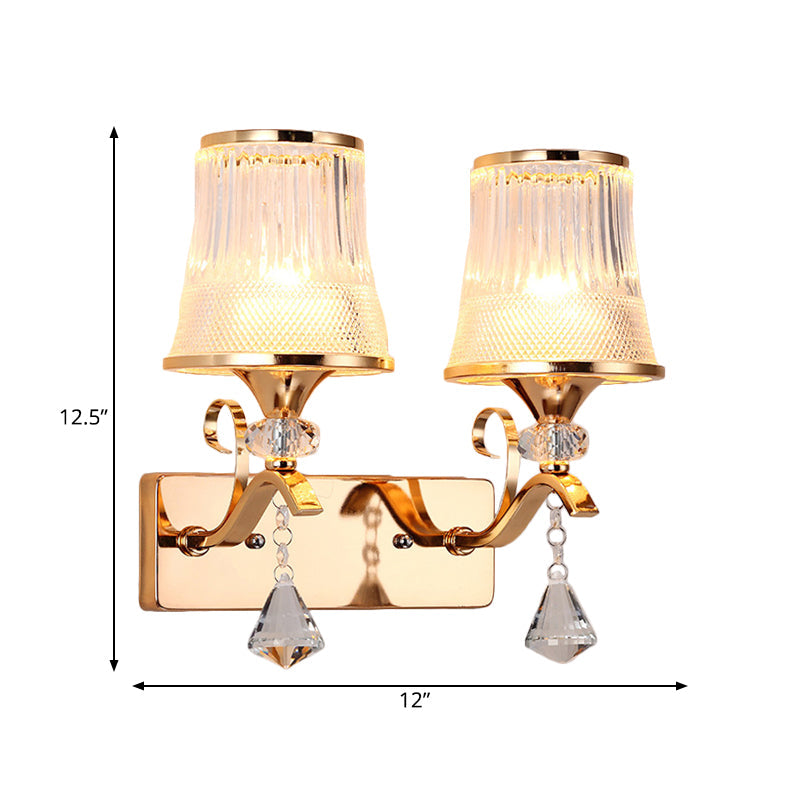 BowLift | Vintage Style Bell Wall Light Clear Glass 2 Lights Bedroom Gold Finish Wall Lamp with Crystal Accent