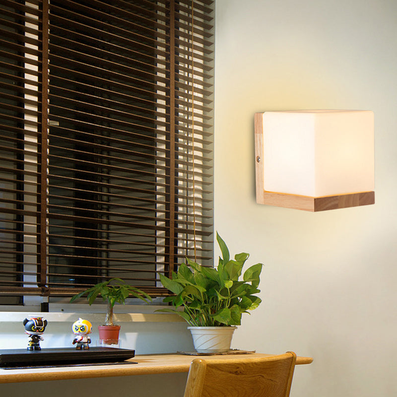 BowLift | Cube-shaped Wall Light Nordic Style White Glass 1-light Nightstand Wall Lighting with Wood Backplate