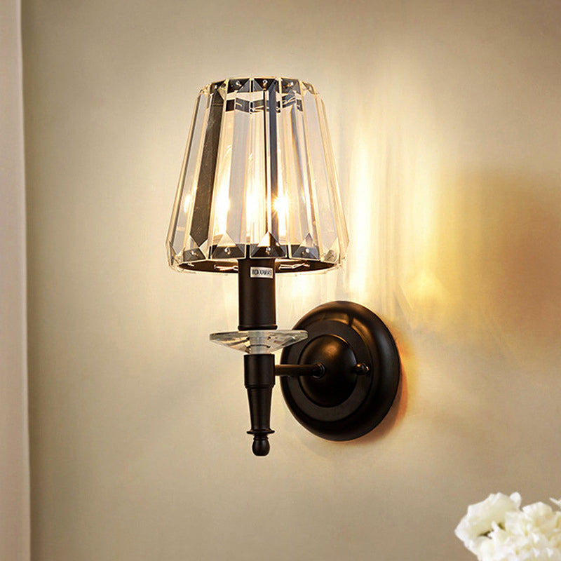 BowLift | Cone clear crystal wall light sconce contemporary 1 light black wall lamp with round metal backplate