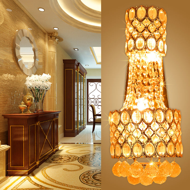 BowLift | Beaded Wall Mount Light Vintage Metal 2 Bulbs Gold Wall Light with Cascading Clear Crystal Accents for Hallway