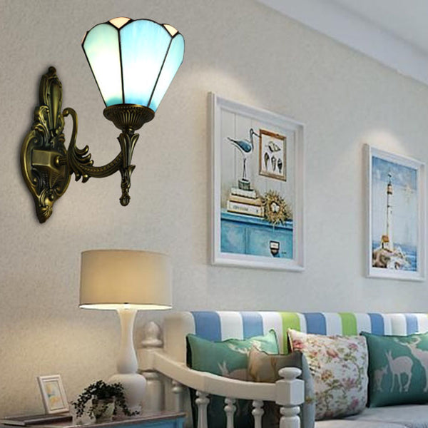 BowLift | Vintage style cone lamp wall lighting stained glass 1 light living room wall lamp in white/blue