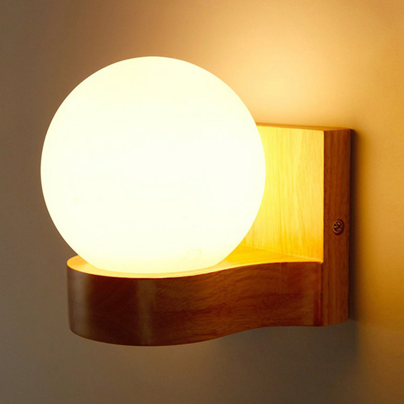 BowLift | Ball-shaped Foyer Wall Light Opal Glass 1-Light Nordic Wall Light in Wood