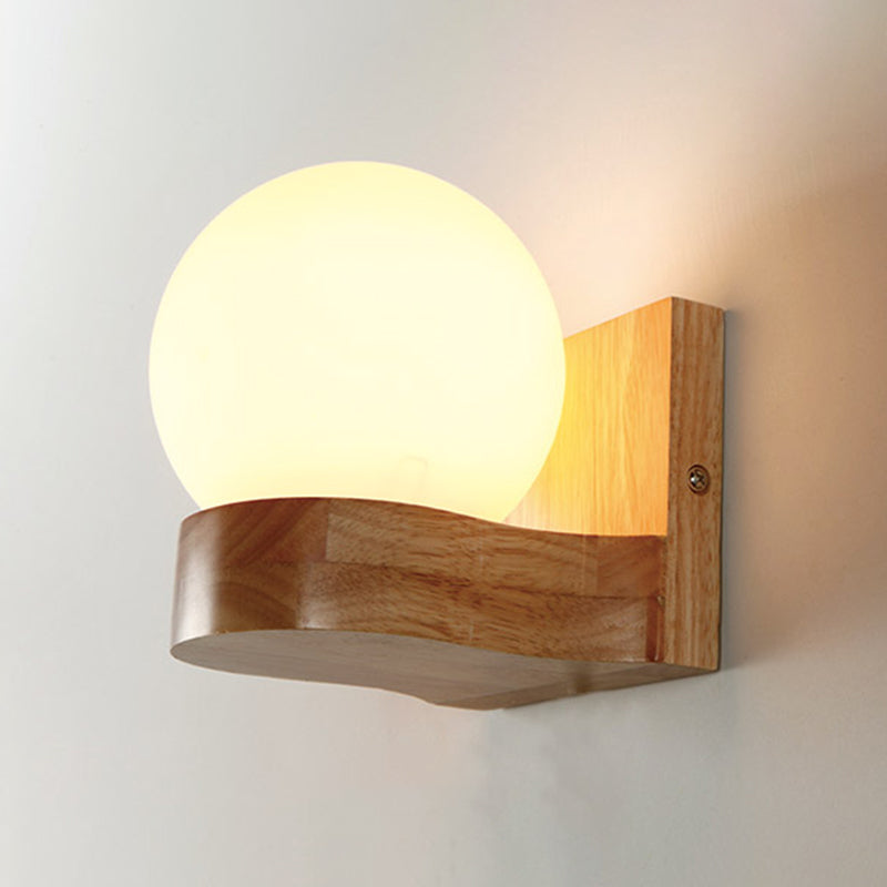 BowLift | Ball-shaped Foyer Wall Light Opal Glass 1-Light Nordic Wall Light in Wood