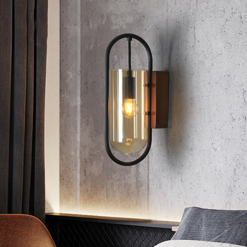 BowLift | Black Cylinder Wall Light Industrial 1 Light Clear/Amber Glass Wall Mount Light