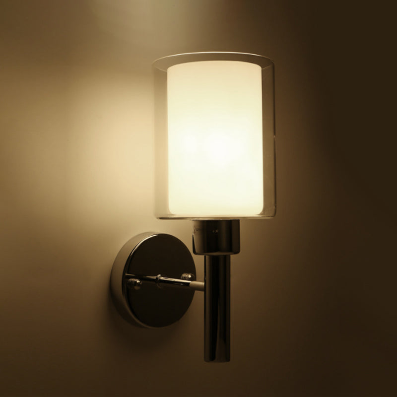 BowLift | Modern Cylinder Wall Light Clear Glass 1 Light Chrome Wall Light with Inner White Glass Shade