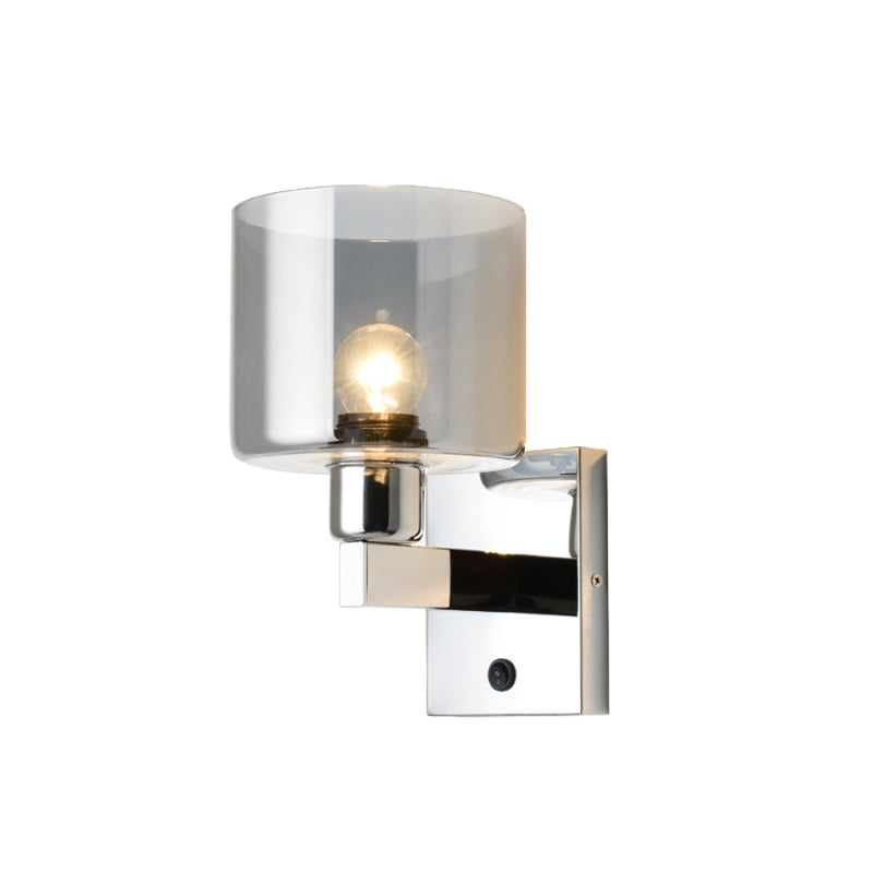 BowLift | Cylindrical gray glass wall lamp modernist 1 light chrome wall light with 1 switch/2 switches/no switch