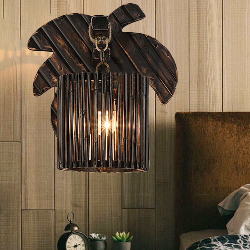 BowLift | Black Finish Cylindrical Wall Light Lodge Stylish 1-Light Bamboo Wall Light with Wood Leaf Back Plate