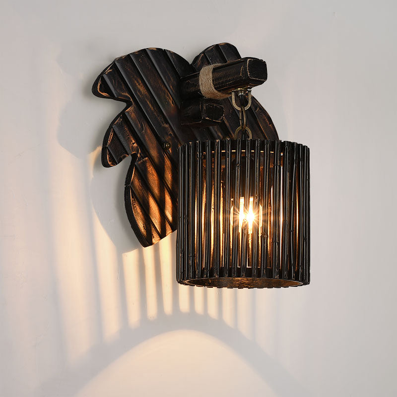 BowLift | Black Finish Cylindrical Wall Light Lodge Stylish 1-Light Bamboo Wall Light with Wood Leaf Back Plate