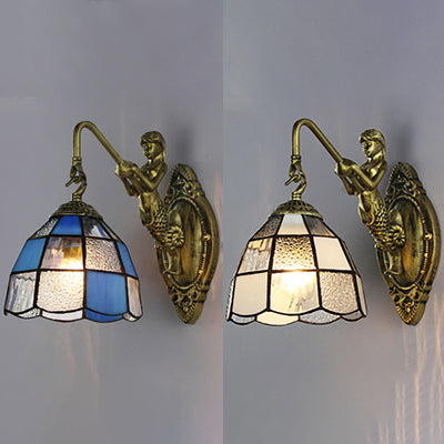 BowLift | Baroque Checkered Wall Lamp 1 Head White/Blue Glass Wall Mounted Lighting Fixture for Hall