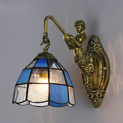 BowLift | Baroque Checkered Wall Lamp 1 Head White/Blue Glass Wall Mounted Lighting Fixture for Hall