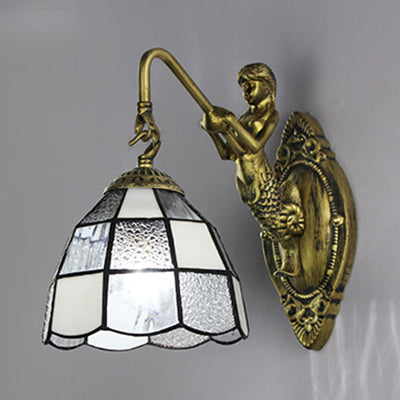 BowLift | Baroque Checkered Wall Lamp 1 Head White/Blue Glass Wall Mounted Lighting Fixture for Hall