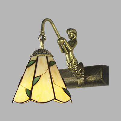 BowLift | 1 Head Bathroom Wall Light Tiffany Antique Brass Sconces Light with Cone White/Green Glass Shade
