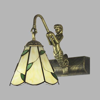 BowLift | 1 Head Bathroom Wall Light Tiffany Antique Brass Sconces Light with Cone White/Green Glass Shade