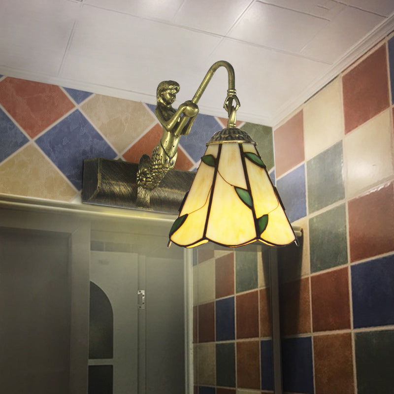 BowLift | 1 Head Bathroom Wall Light Tiffany Antique Brass Sconces Light with Cone White/Green Glass Shade