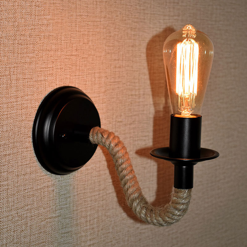 BowLift | Black outdoor bulb wall lighting country metal single-track wall lamp with rope-wrapped arm