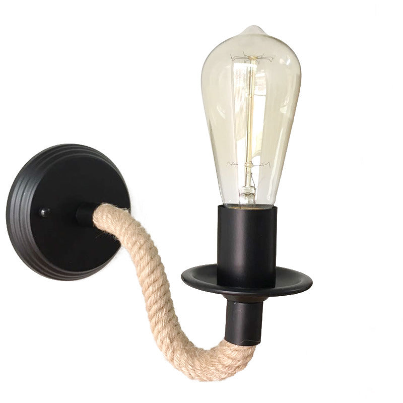 BowLift | Black outdoor bulb wall lighting country metal single-track wall lamp with rope-wrapped arm