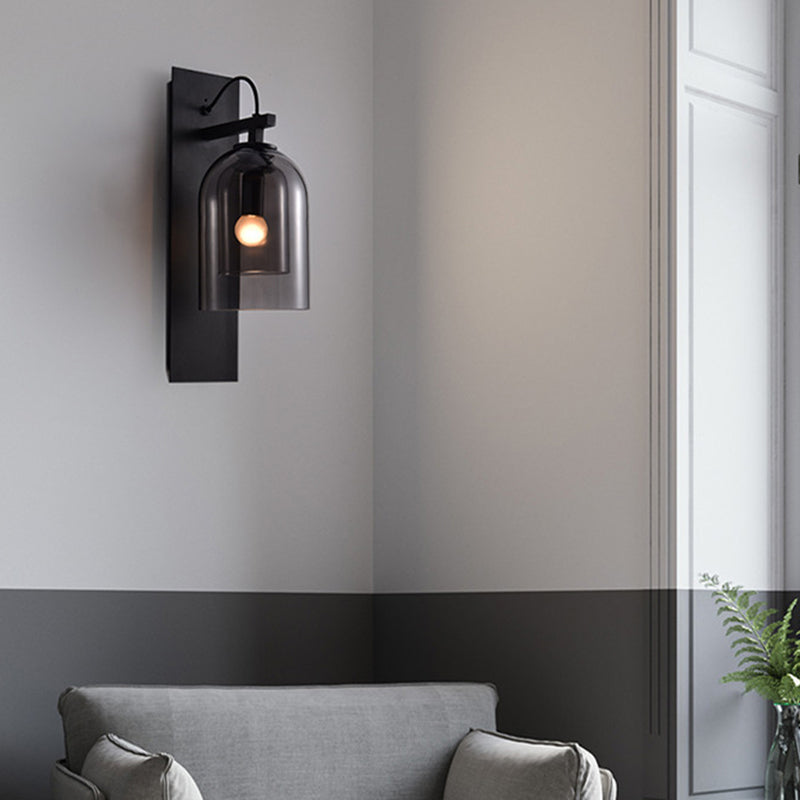 BowLift | 1 Bulb Living Room Wall Light Mid-Century Black Wall Lamp with Double Dome Glass Shade