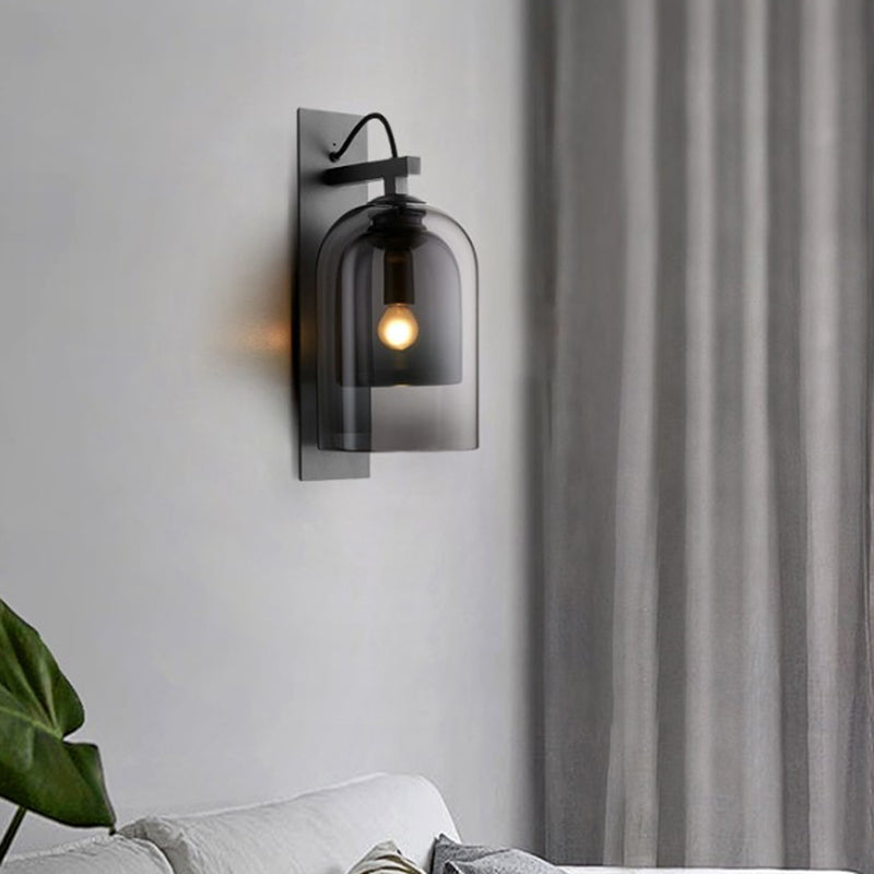 BowLift | 1 Bulb Living Room Wall Light Mid-Century Black Wall Lamp with Double Dome Glass Shade