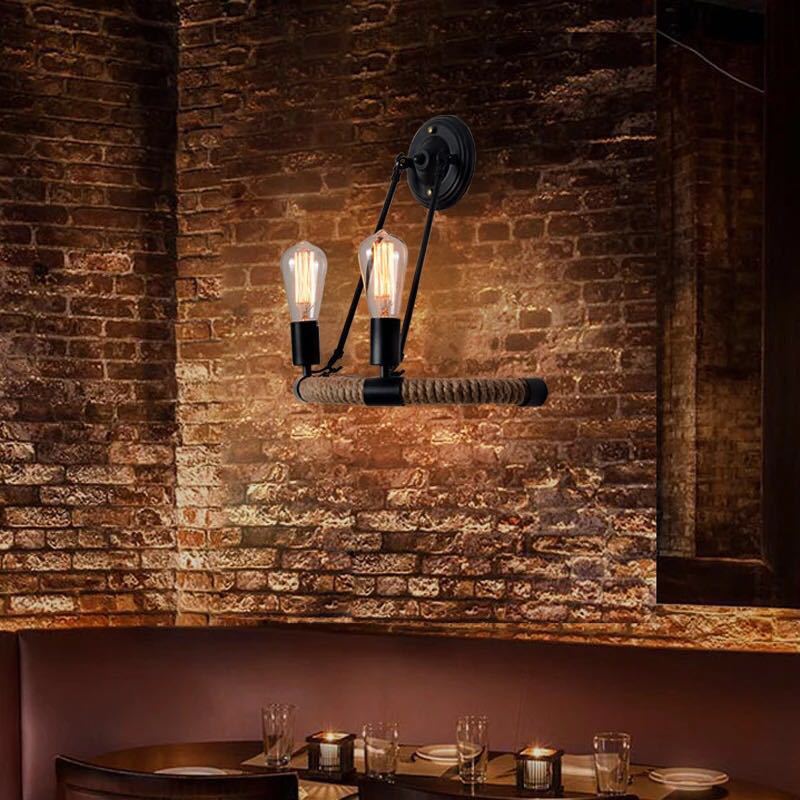 BowLift | 2-Head Bow Wall Light Industrial Design Black Hemp Rope Wall Lighting Fixture for Restaurant