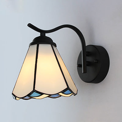 BowLift | Cone-shaped wall light with black curved arm traditional Tiffany wall light in white/beige for hallway