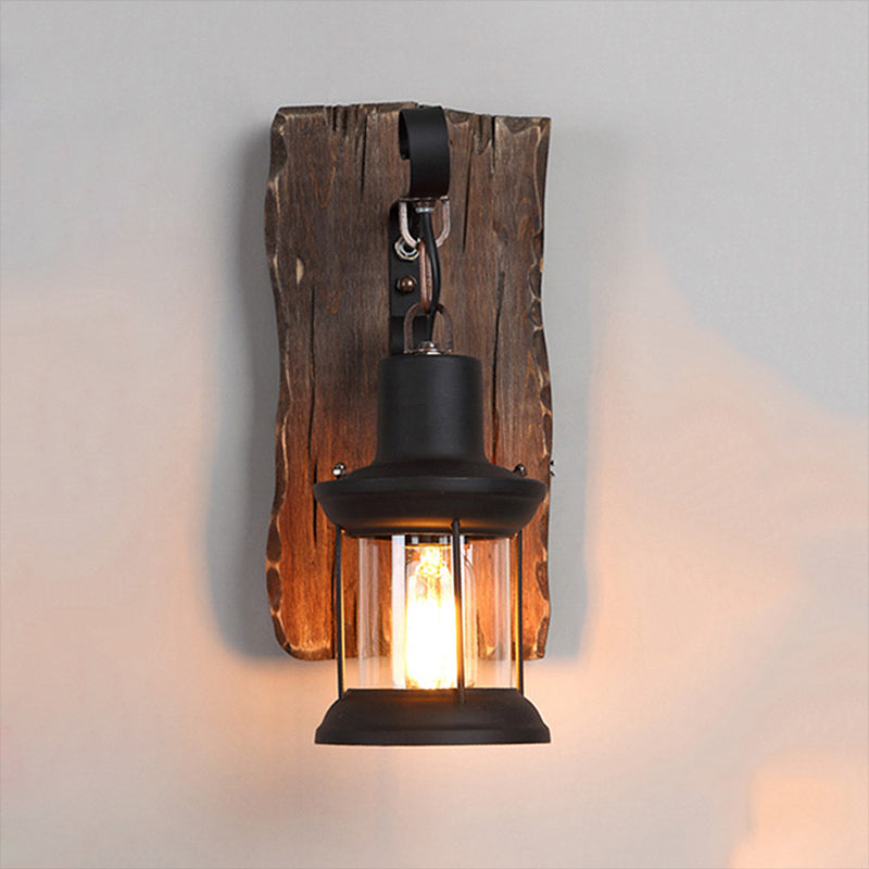 BowLift | Black One-Light Wall Sconce Rustic Clear Glass with Grid Lighting and Wood Back Panel