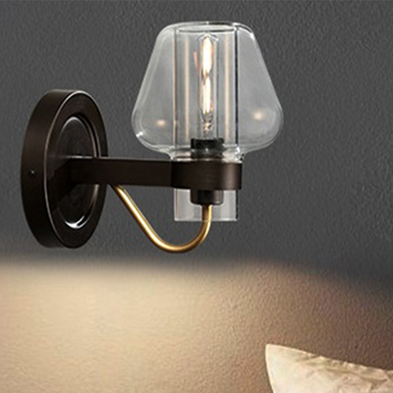 BowLift | Clear Glass Mushroom Shade Wall Light Modern 1 Light Bedroom Lighting Fixture in Black