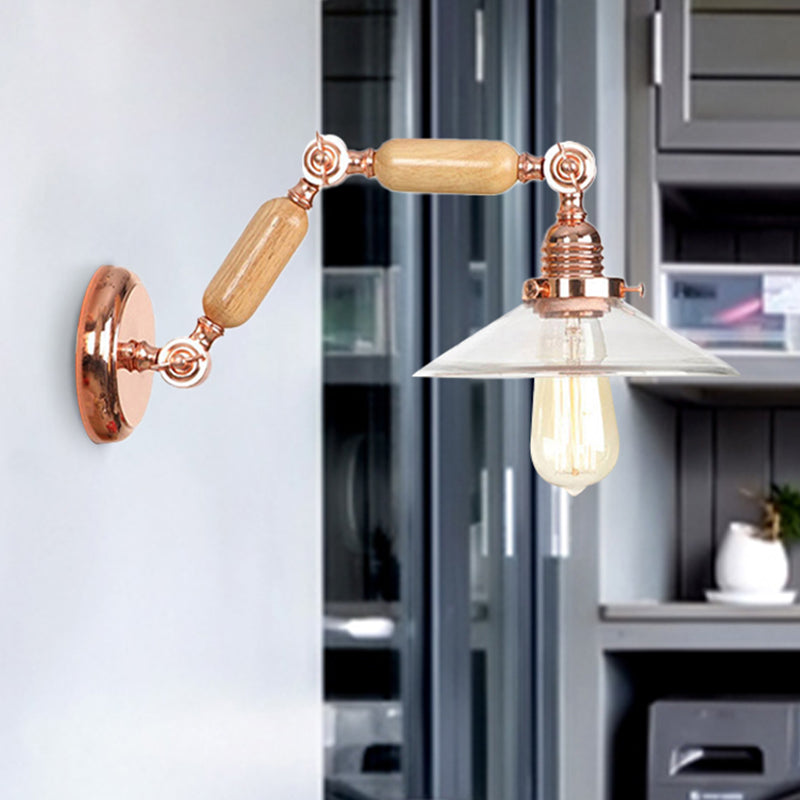 BowLift | Clear Glass Wood Wall Light Cone 1-Light Industrial Wall Lamp with Extendable Arm
