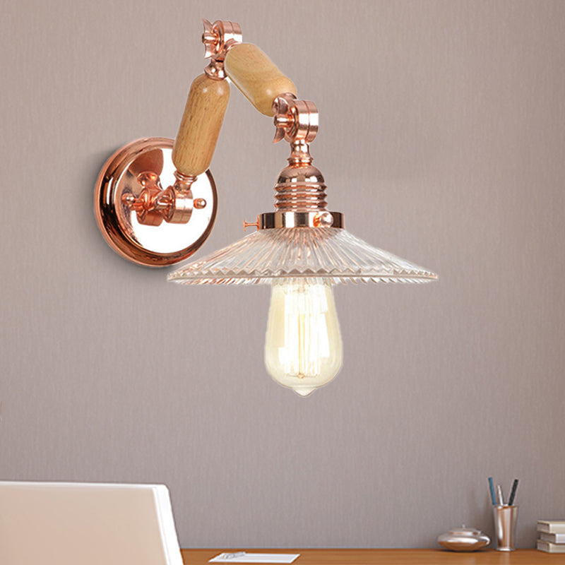 BowLift | A wall light with a light bulb and conical shade made of clear prismatic glass, industrial wall lamp for the living room with curved arm