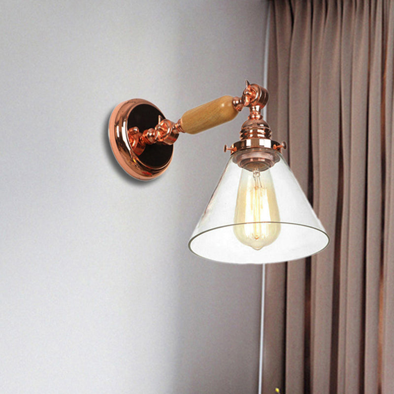 BowLift | Industrial Cone Wall Lamp 1 Bulb Clear Glass Wall Light in Rose Gold