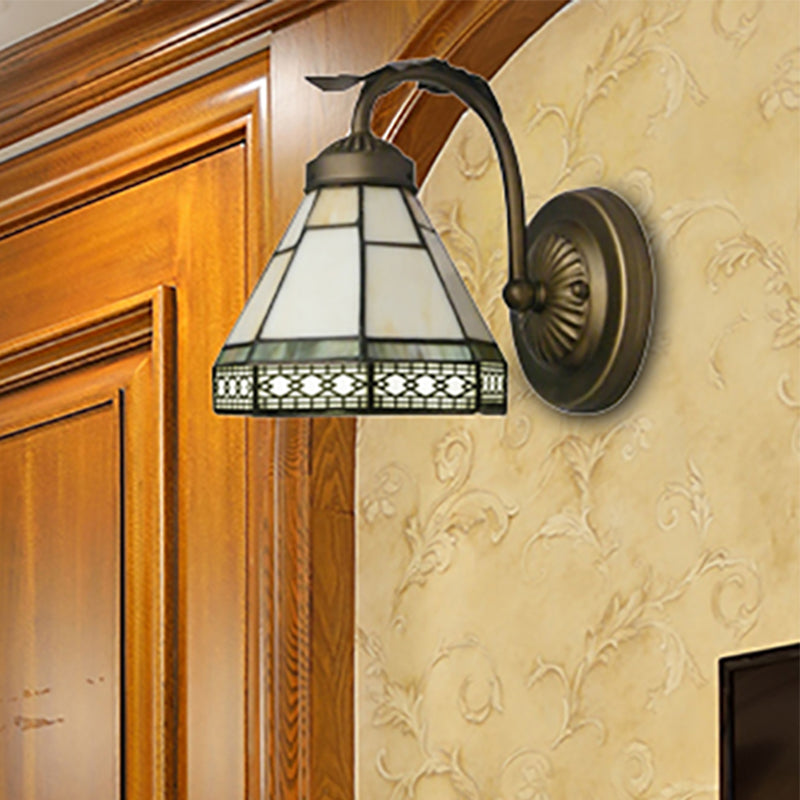 BowLift | Tiffany style mini wall lamp with curved arm 1 light art glass wall lighting in antique brass