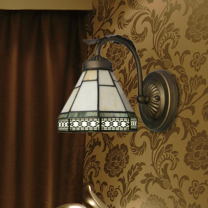 BowLift | Tiffany style mini wall lamp with curved arm 1 light art glass wall lighting in antique brass