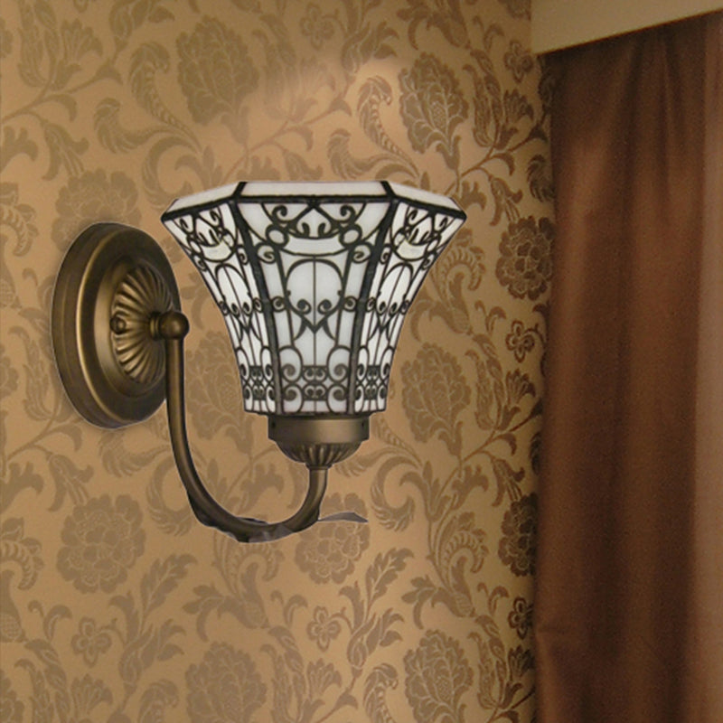 BowLift | Tiffany style mini wall lamp with curved arm 1 light art glass wall lighting in antique brass